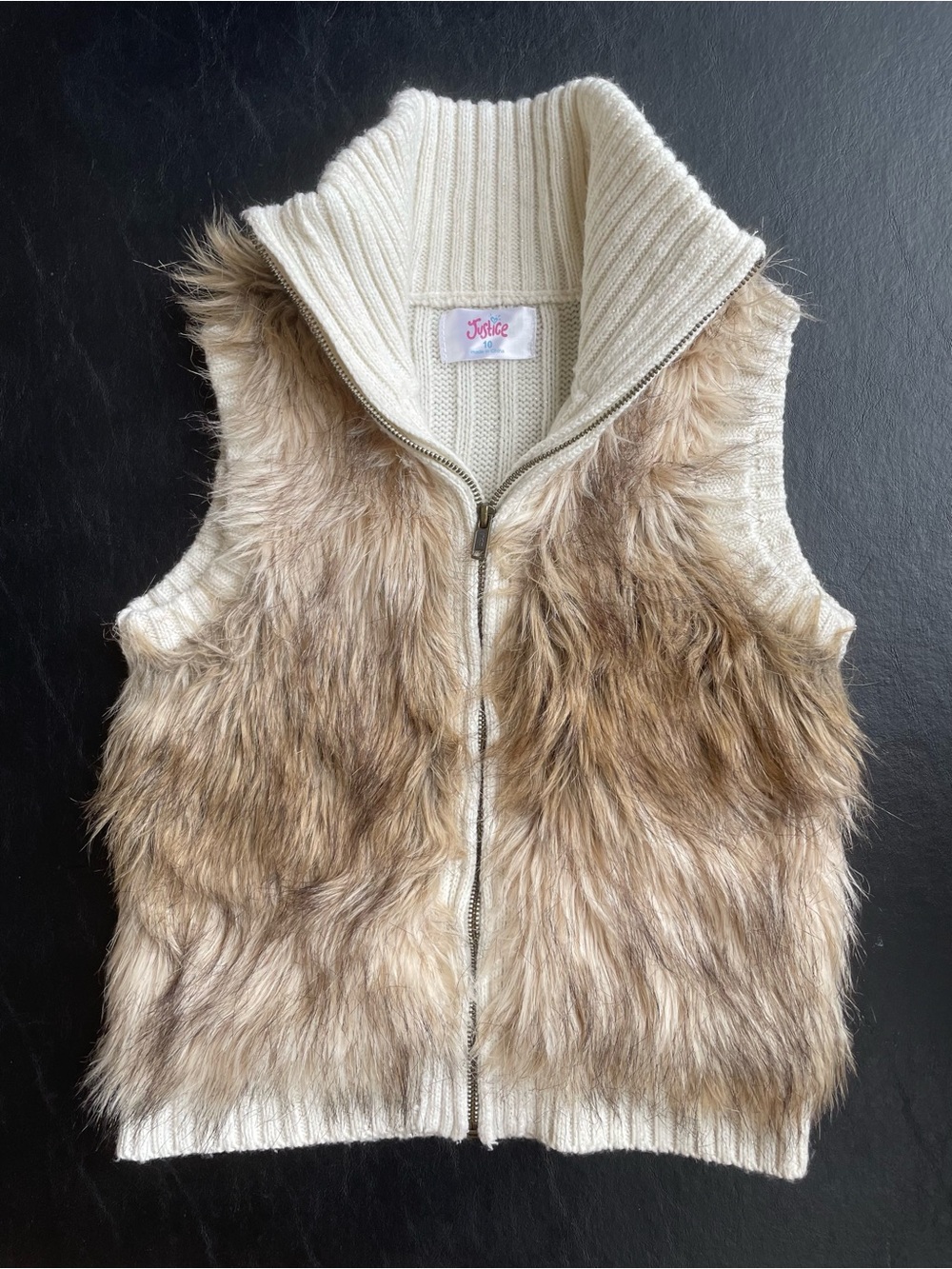 Justice Cream Cable Knit Vest with Faux Fur Trim